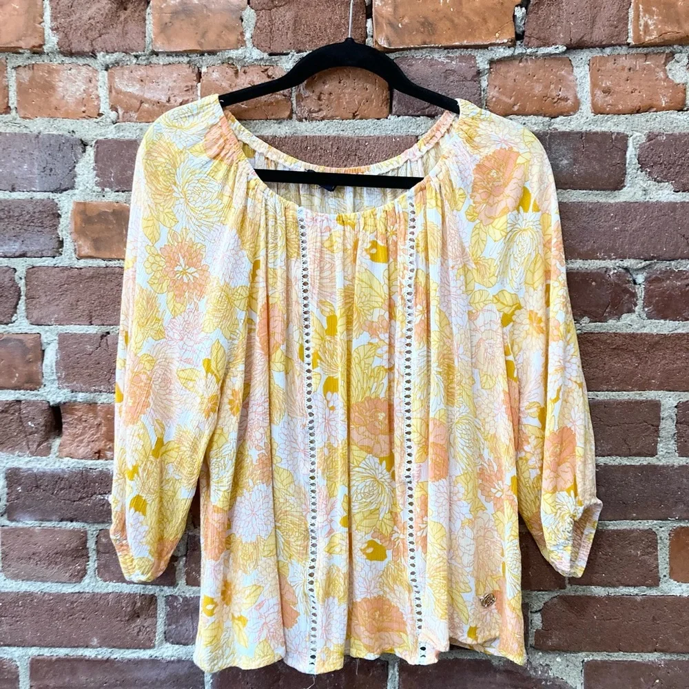 Adrienne Vittadini Boho Top Size 2X Yellow Orange Floral Eyelet Lace Trim EUC - Picture 1 of 4